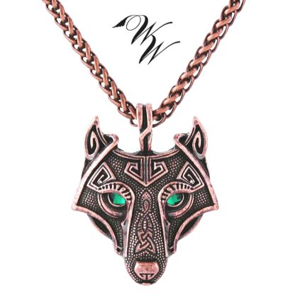Nordic Wolf Pendant - Satin Copper Rose with Green Obsidian Eyes