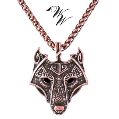 Nordic Wolf Pendant - Satin Copper Rose with Black Obsidian Eyes