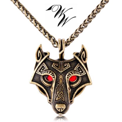 Nordic Wolf Pendant - Satin Golden with Red Obsidian Eyes