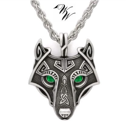 Nordic Wolf Pendant - Satin Silver with Green Obsidian Eyes