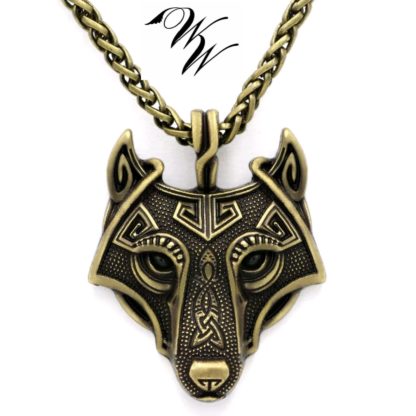 Nordic Wolf Pendant - Satin Golden with Black Obsidian Eyes