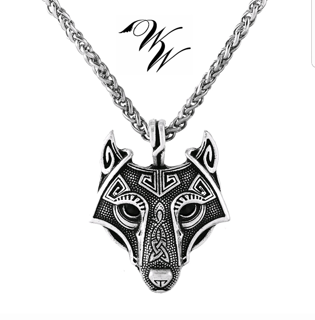 Nordic Wolf Pendant - Satin Silver with Black Obsidian Eyes