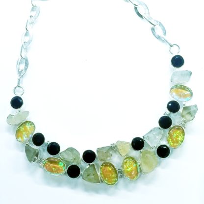 Yellow Baltic Amber, Brazilian Black Onyx, Rough Natural Citrine and Yellow Opal Triplet Necklace set in 925 Sterling Silver.